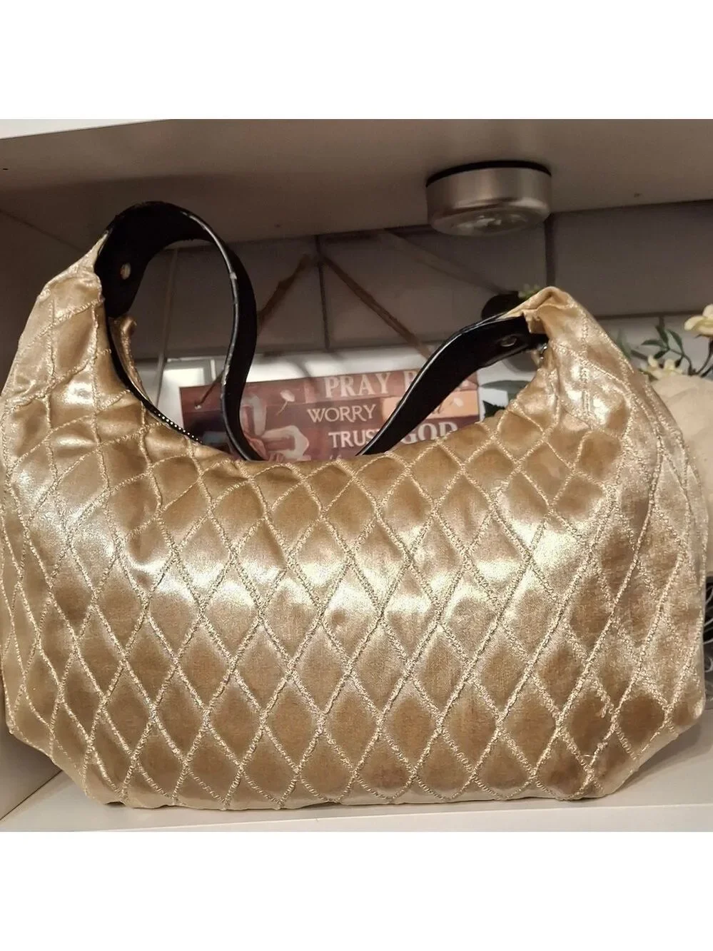 Via Spiga Gold Quilted Satin Shoulder  Bag Black Leather Strap